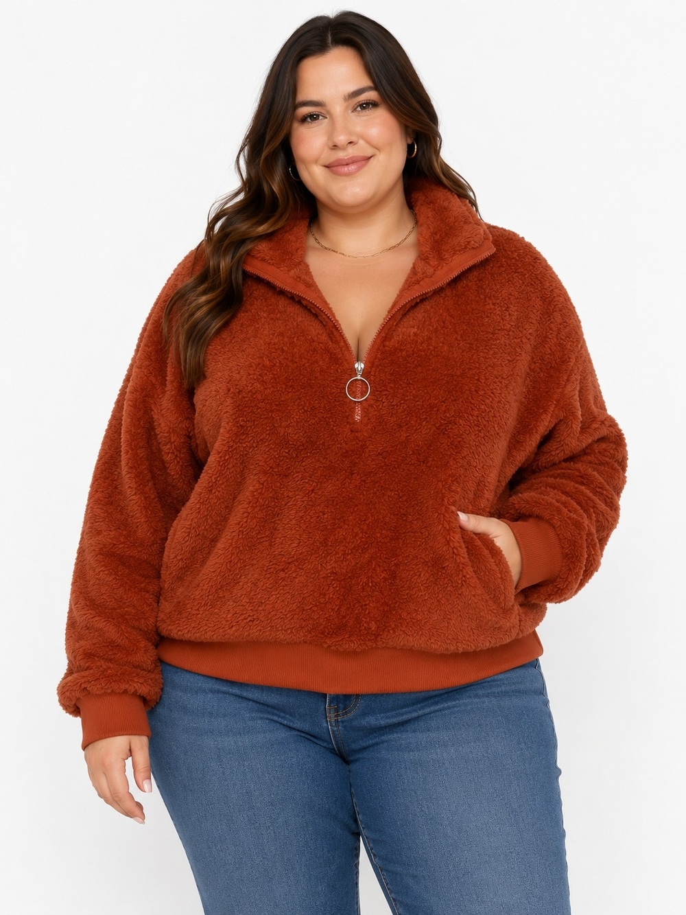 Cozy Half-Zip Teddy Jacket in Rust - Plus Size